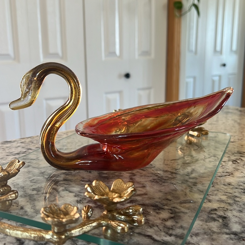 MCM Smokey Yellow and Red Handmade Glass Swan Candy Nut Dish
